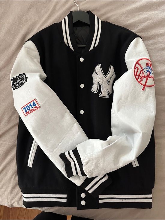 Jackets & Blazers - Black and White Varsity Jacket with NY Yankees and Hello Kitty Patch